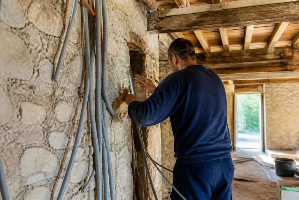 Rénovation électrique d’une maison en pierre : passage de gaines et câbles