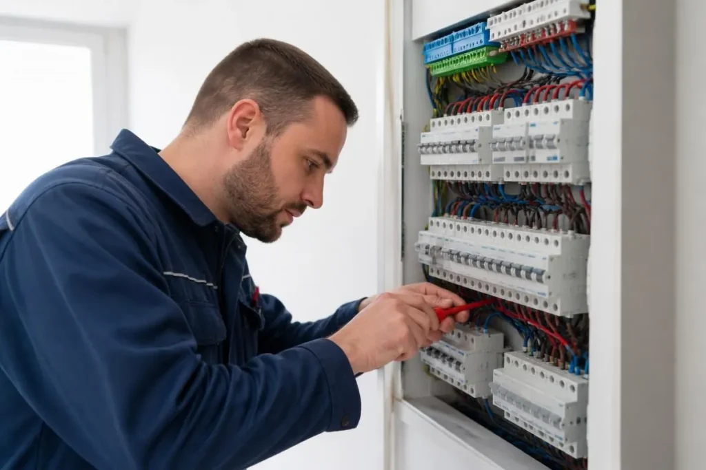 Électricien intervenant sur un tableau électrique moderne